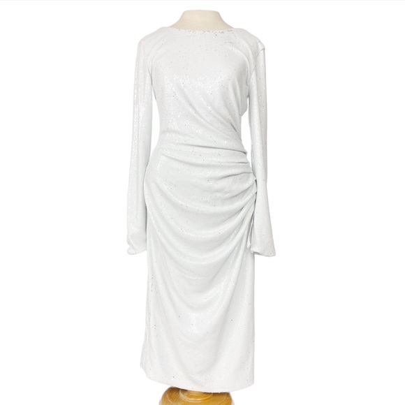 Dress The Population NWT Emilia Long Sleeve Ruched Dress in White Sequins Size M - Picture 7 of 17